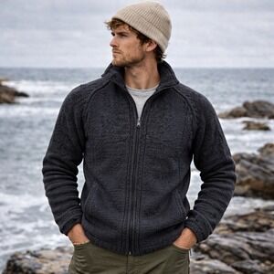 Neve Mens Fisherman Grandpa Full Zip Cardigan Sweater M Charcoal $198